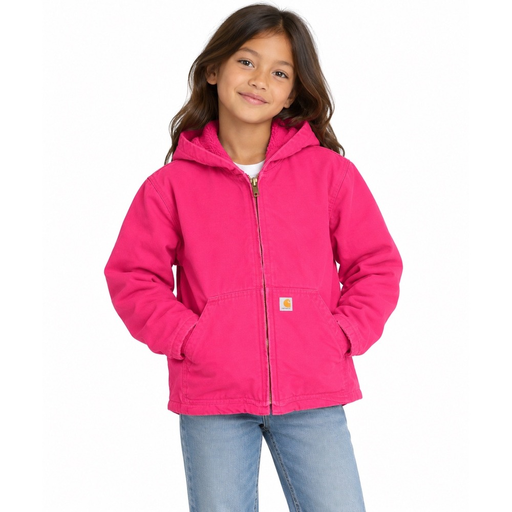 Carhartt Canvas Hooded Jacket Sherpa Lined Workwear Gorpcore Kids L 14 Pink